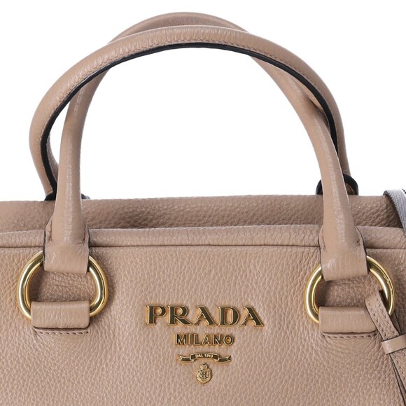 PRADA Vitello Phenix Bauletto Handbag 1BB086 Taupe Pebbled Leather - Picture 3 of 10